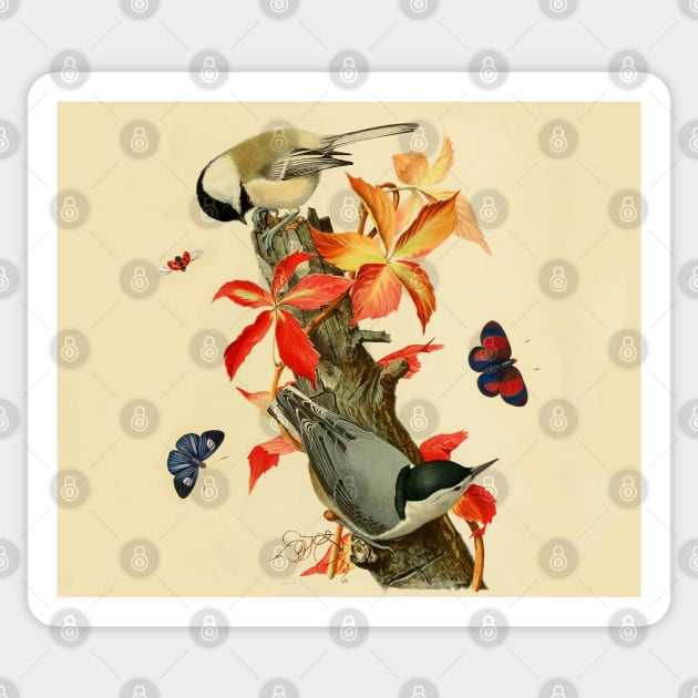 CHICKADEES ,BUTTERFLIES AND LADYBIRD ON A BRANCH WITH RED LEAVES Sticker by BulganLumini